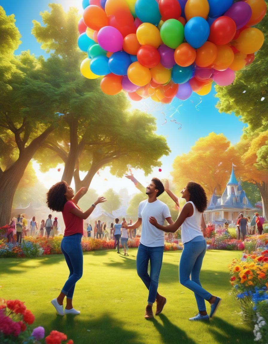 An enchanting scene depicting a diverse group of people celebrating together in a vibrant, sunny park, surrounded by colorful balloons and flowers. Emphasize joy and connection through smiles, laughter, and collaborative activities like art or dancing. Include elements symbolizing fellowship, such as interlinked hands or shared meals, under a bright blue sky. super-realistic. vibrant colors. 3D.