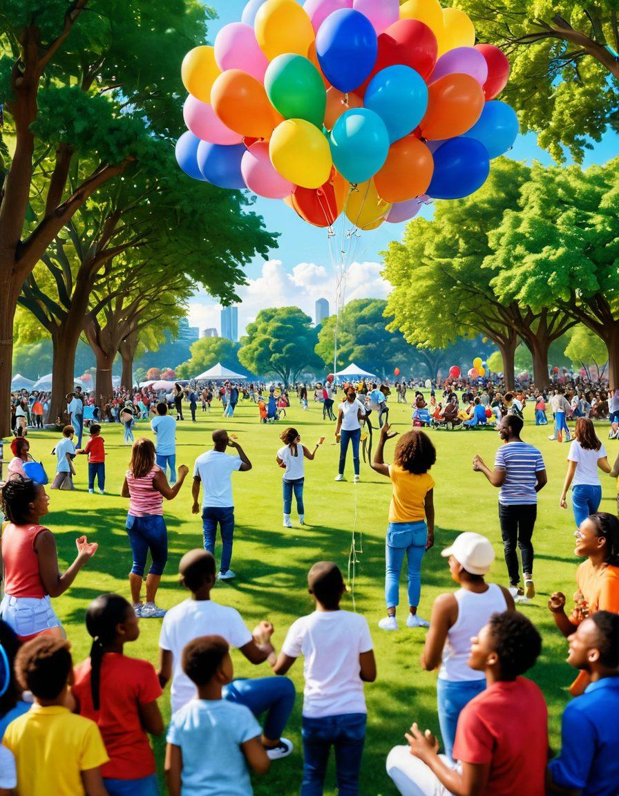 A vibrant gathering of diverse people sharing joyful moments in a sunny park, surrounded by colorful balloons and playful animals. Include elements of laughter and connection, such as individuals hugging, smiling, and engaging in fun activities. The scene exudes warmth and happiness, symbolizing community and delightful relationships. Rich colors and a whimsical atmosphere to enhance the sense of joy. super-realistic. vibrant colors. 3D.