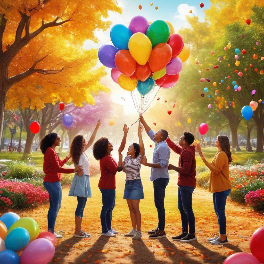 A warm, vibrant gathering of diverse people sharing joyful moments, surrounded by colorful decorations symbolizing connection, like intertwined hearts and hands. Include elements like balloons and cheerful expressions to emphasize happiness and community. The background should depict a sunny park setting, reflecting the essence of togetherness. super-realistic. vibrant colors.